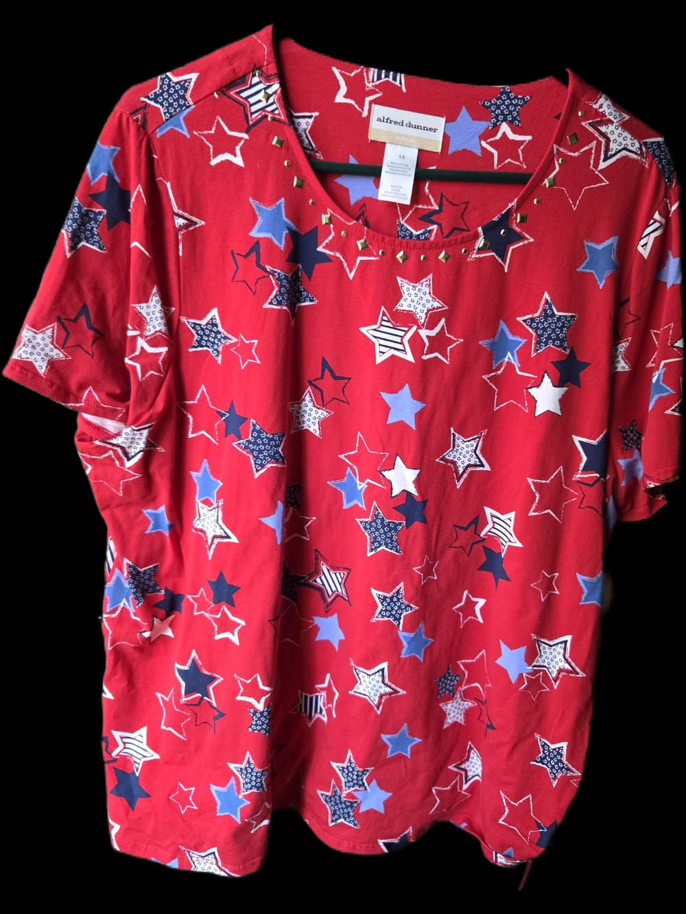 Alfred Dunner Womans Red Short Sleeve Star Print Top with Studded Neckline
